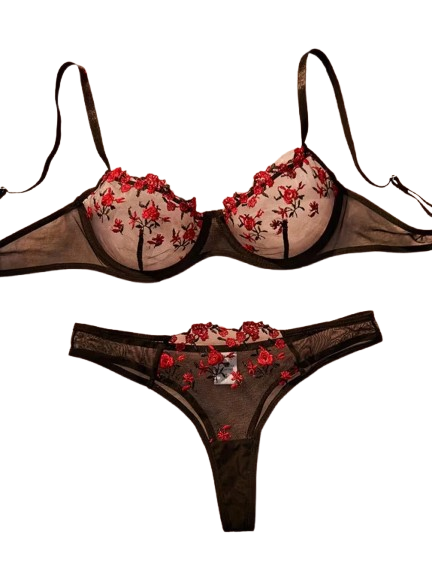 Flourish Premium Floral Lace Lingerie Set 9987 – Soft Mesh Embroidered Bra & Panty