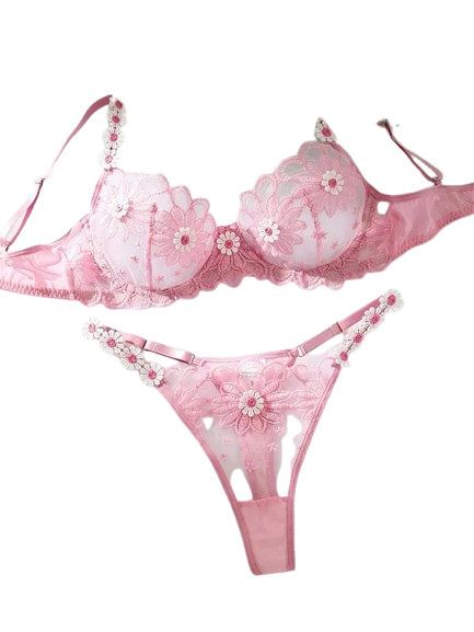 Flourish Sexy Floral Lace Bra & Panty Set – Soft Mesh Embroidered Underwired Lingerie