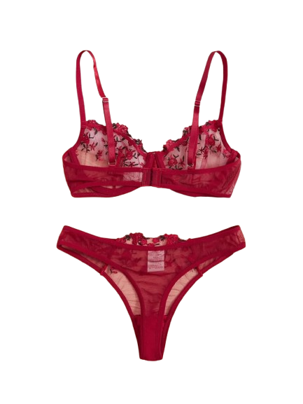 Flourish Sexy Floral Lace Bra & Panty Set – Soft Mesh Embroidered Underwired Lingerie